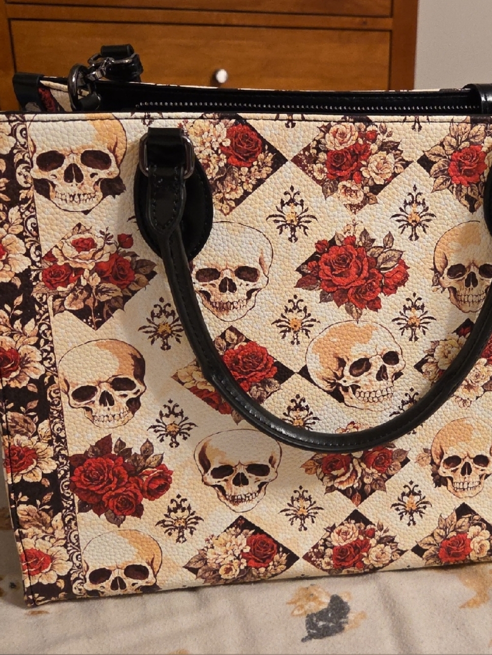 "Mournaire" - Black Interior - Leather Handbag Skull Red And White